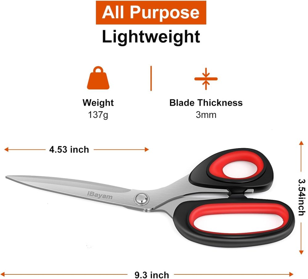 iBayam Scissors All Purpose, 9.3 Inch Scissors Heavy Duty Stainless Steel Shears for Home Household Cutting Fabric Leather, Sewing Shears, Paper Box Cutter, Package Opener, Hand Cutting Tools - Image 8
