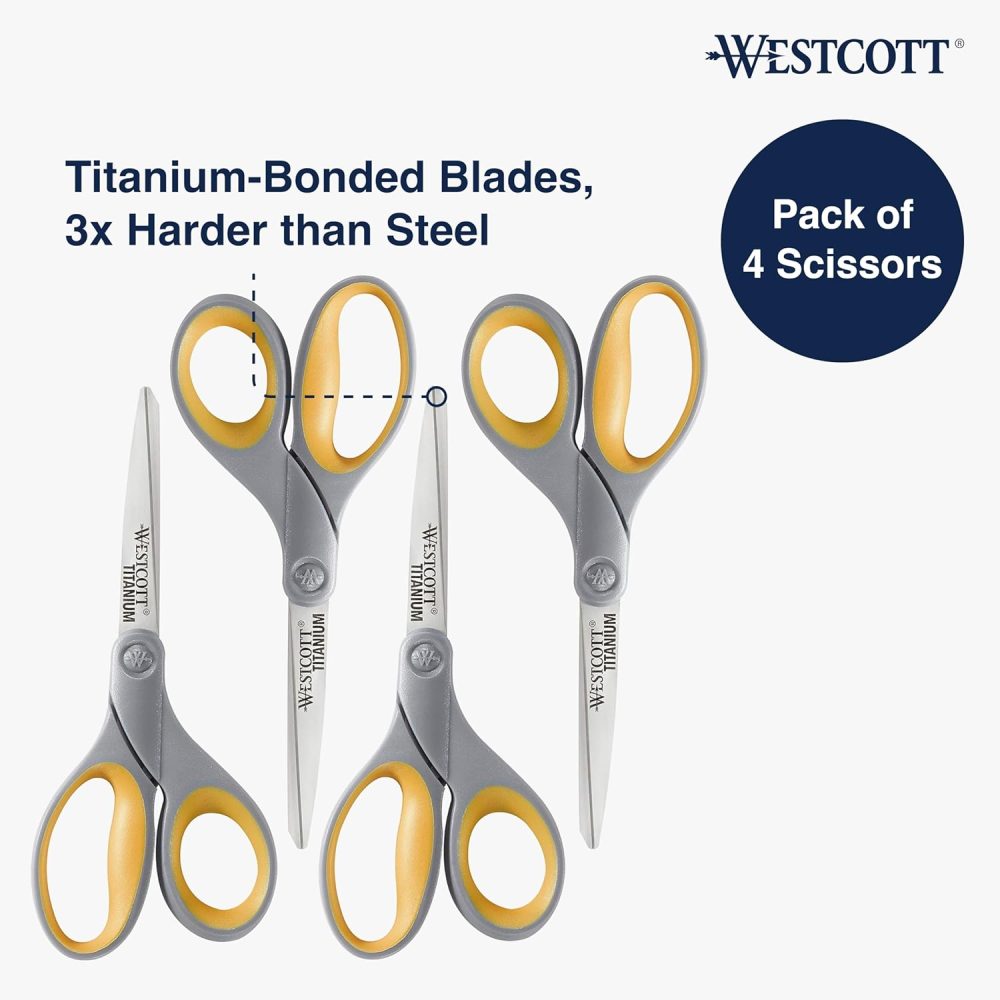 Westcott 8-Inch Titanium Bonded Scissors, Soft Handle, Straight Heavy Duty Scissors, Gray/Yellow, 4-Pack - Image 2