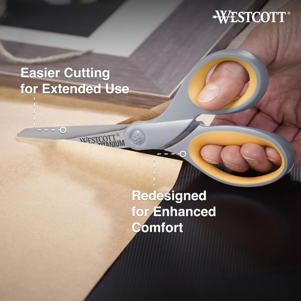 Westcott 8-Inch Titanium Bonded Scissors, Soft Handle, Straight Heavy Duty Scissors, Gray/Yellow, 4-Pack - Image 3