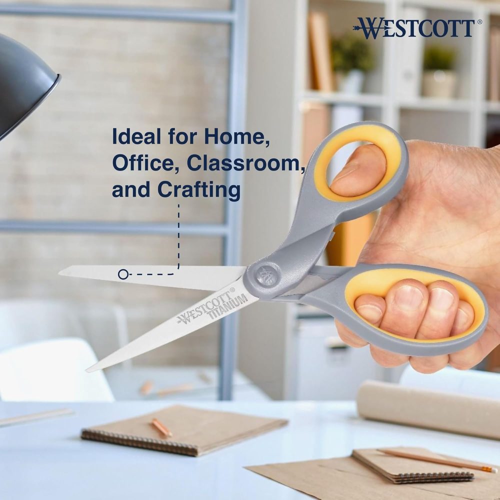 Westcott 8-Inch Titanium Bonded Scissors, Soft Handle, Straight Heavy Duty Scissors, Gray/Yellow, 4-Pack - Image 4