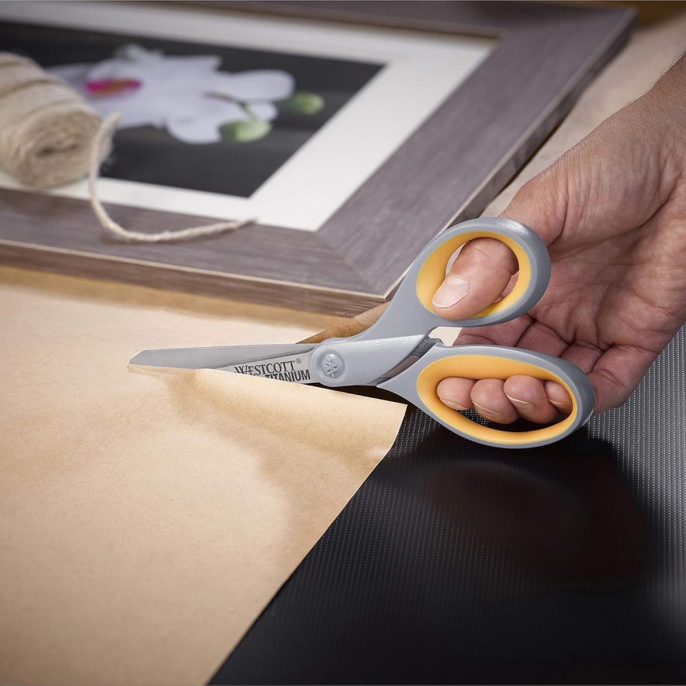 Westcott 8-Inch Titanium Bonded Scissors, Soft Handle, Straight Heavy Duty Scissors, Gray/Yellow, 4-Pack - Image 6